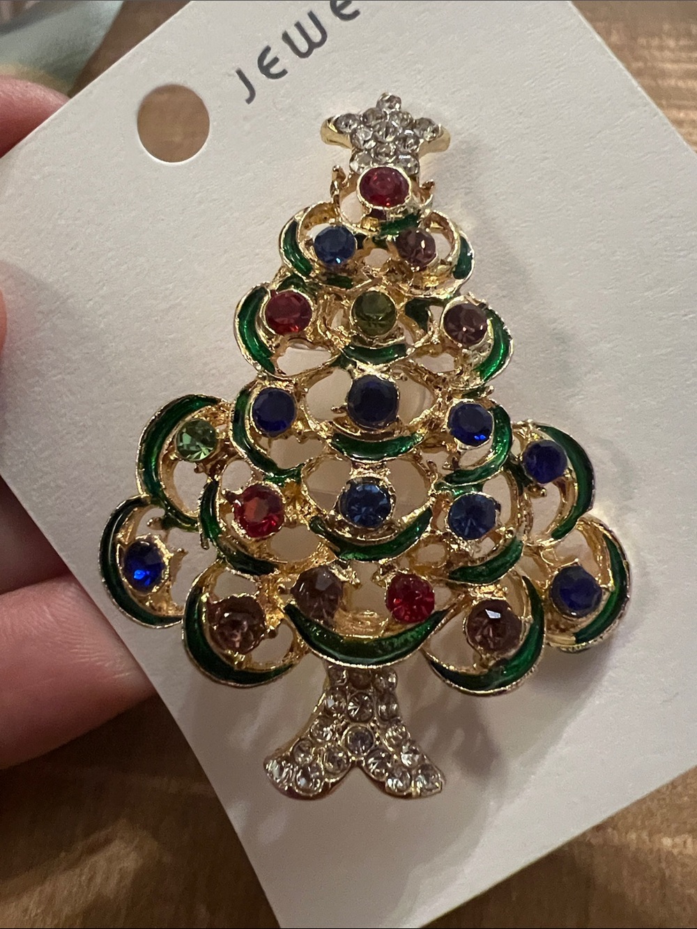 3/$18 Festive Gold-Tone Christmas Tree Brooch with Multicolor Stones Lot 1028